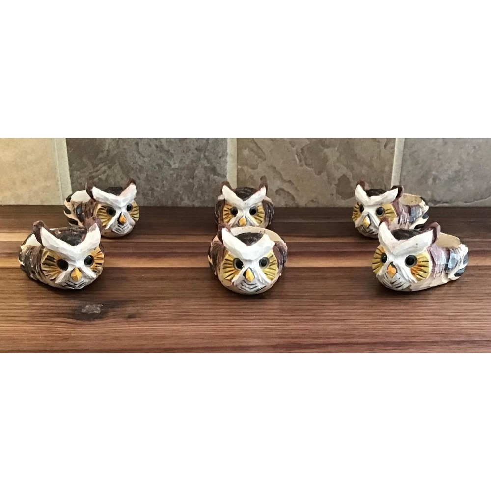 Hand Carved Wood Owl Napkin Rings Set of 6 Rustic Cabin Cottagecore Boho Indie